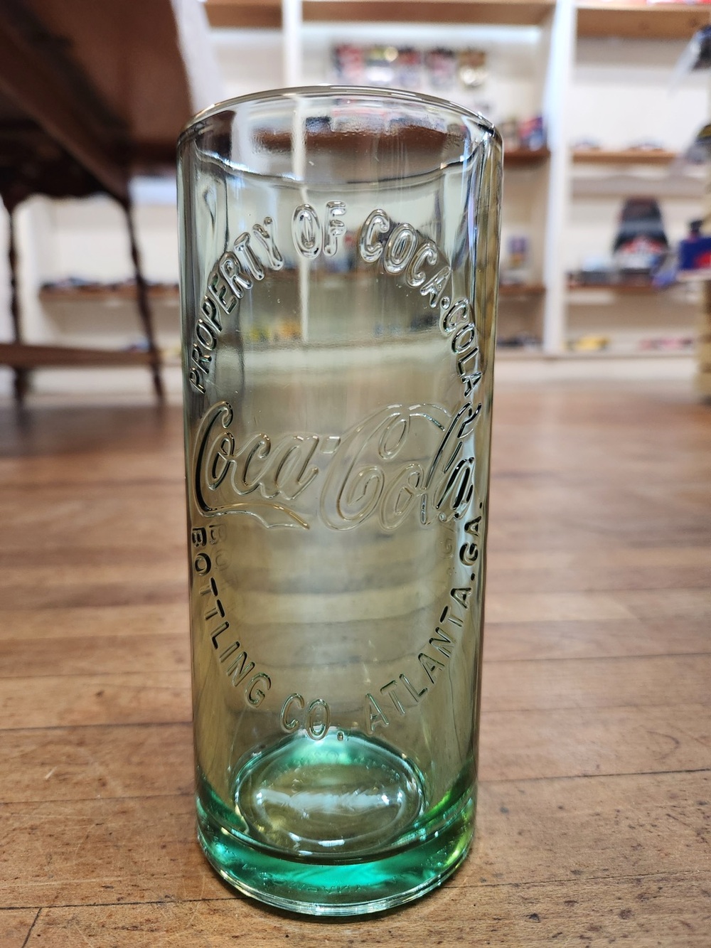 Coca Cola Aqua-Green Embossed Glass Vase with Classic Logo